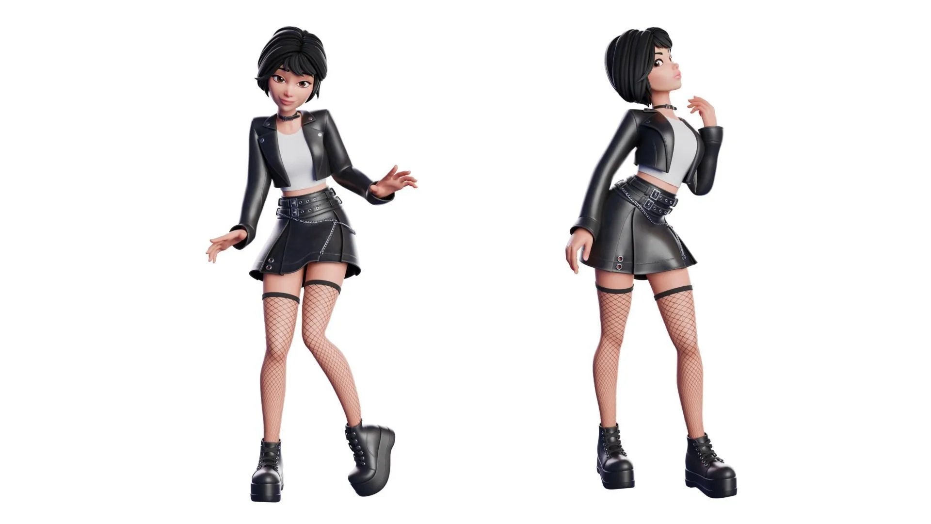 Cartoon Emo Goth K-pop Girl Woman rigged 3D character in different pose